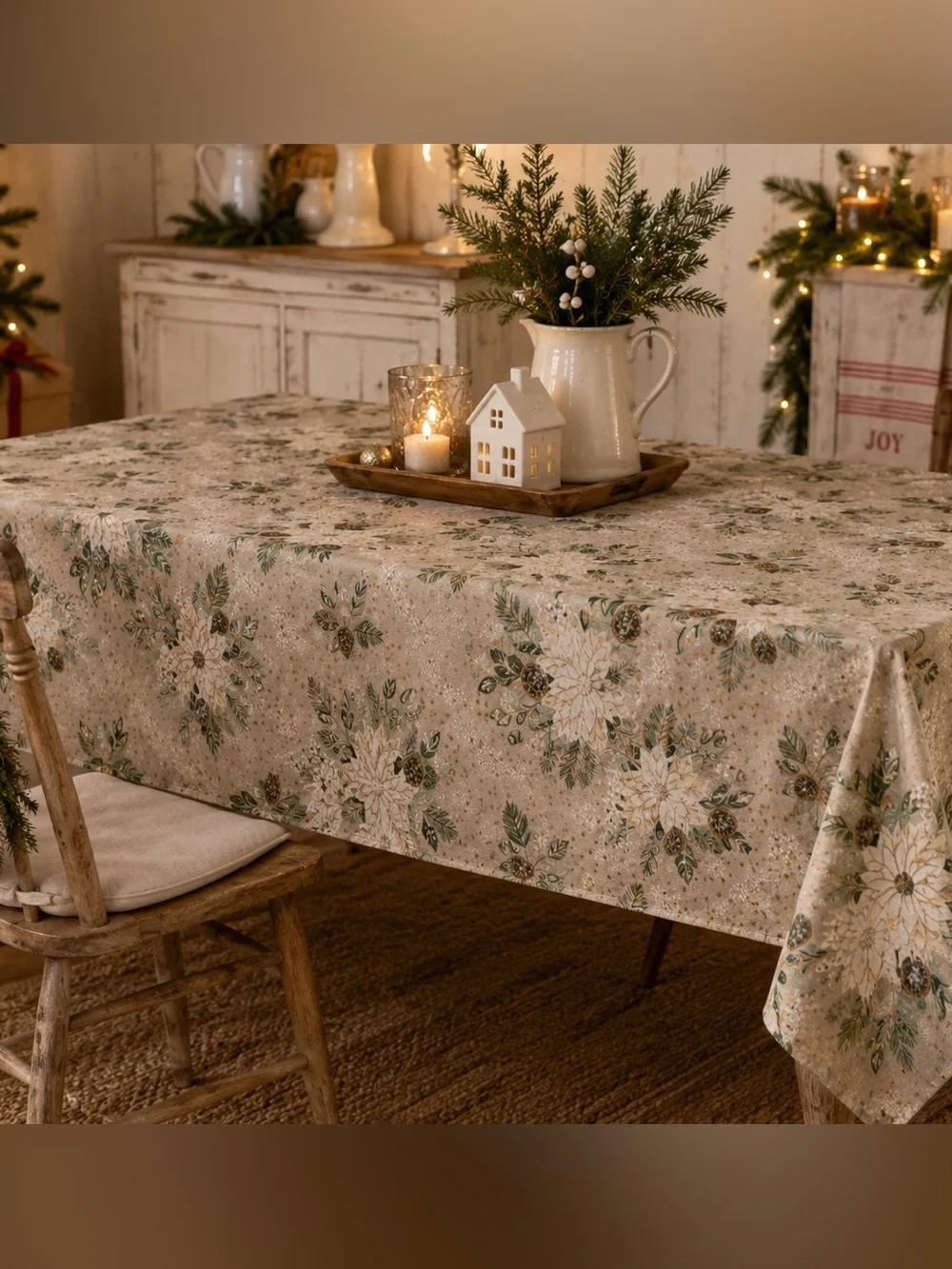 Rachel Ashwell The Farmhouse Christmas Poinsettia Tablecloth 46x58 beige white